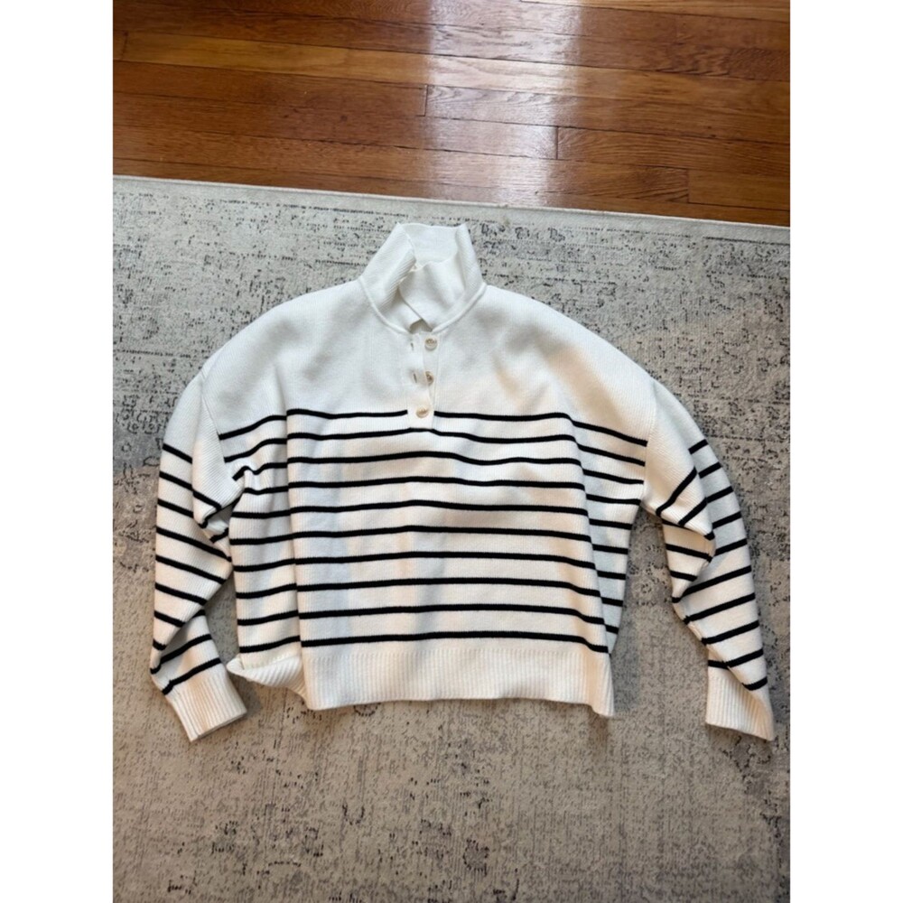 MANGO Oversized Striped Knit Pullover Sweater - White with Black Stripes